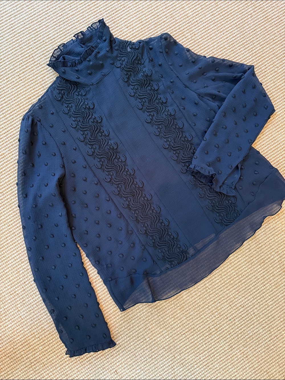 See By Chloe Sheer Black Swiss Dot Embroidered
High Neck Ruffled Blouse